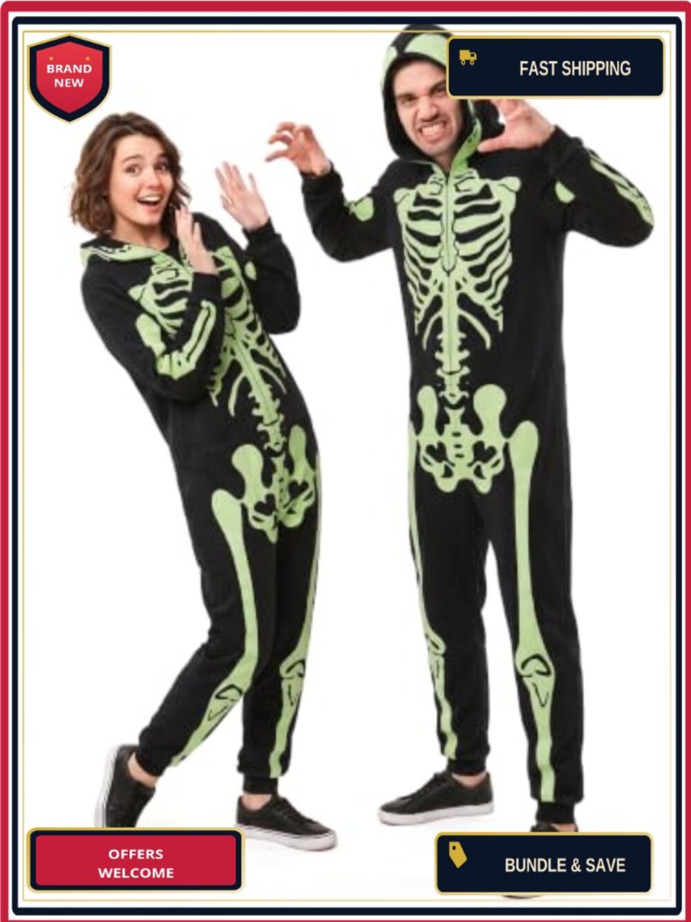 Unisex Glow in the Dark Skeleton Onesie Costume Hooded Zip Jumpsuit